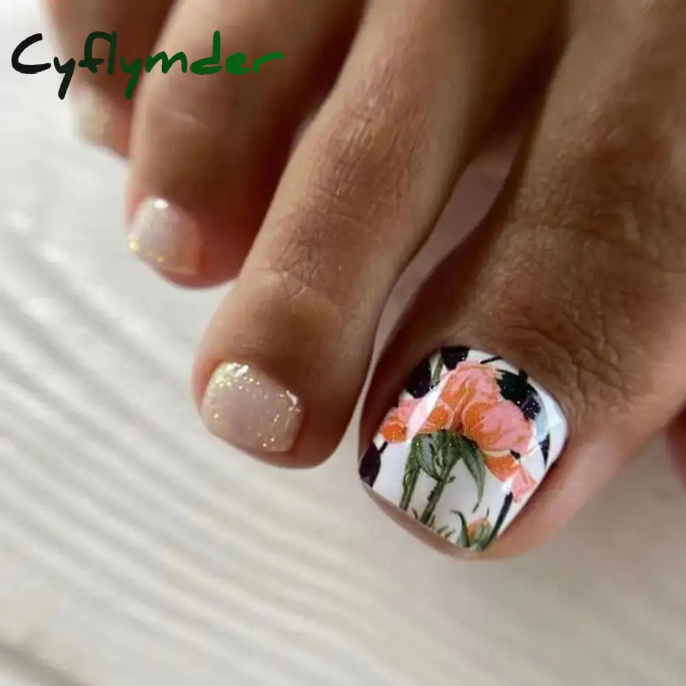 Cyflymder 24pcs French Fake Toenails Pink Gradient Full Cover Short Square Toe Nails Foot Nails Tips for Women Girls