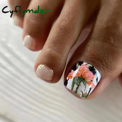 Cyflymder 24pcs French Fake Toenails Pink Gradient Full Cover Short Square Toe Nails Foot Nails Tips for Women Girls