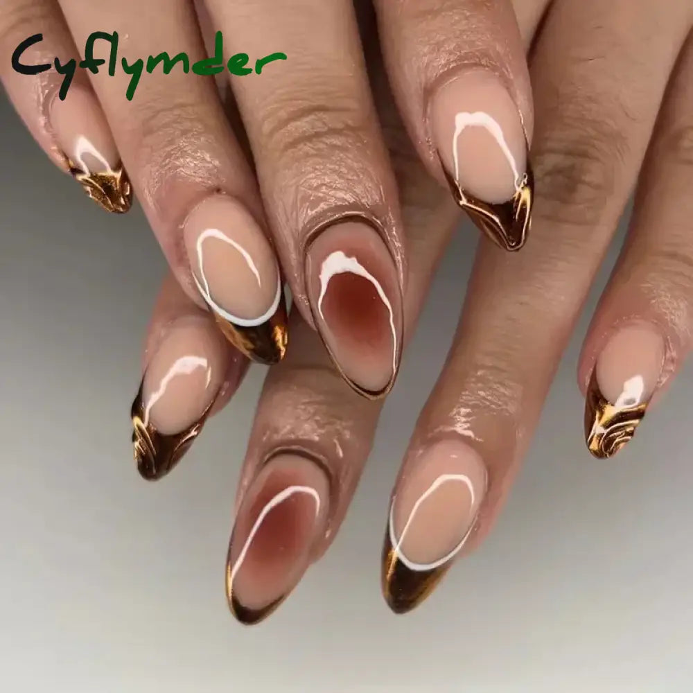 Cyflymder 24Pcs French Gold Edge Wearable Almond Press on Fake Nails Simple Pearl Decoration False Nails with Glue Full Over Manicure Tips