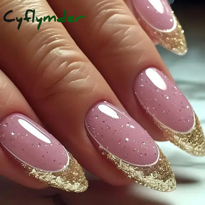 Cyflymder 24Pcs French Gold Edge Wearable Almond Press on Fake Nails Simple Pearl Decoration False Nails with Glue Full Over Manicure Tips