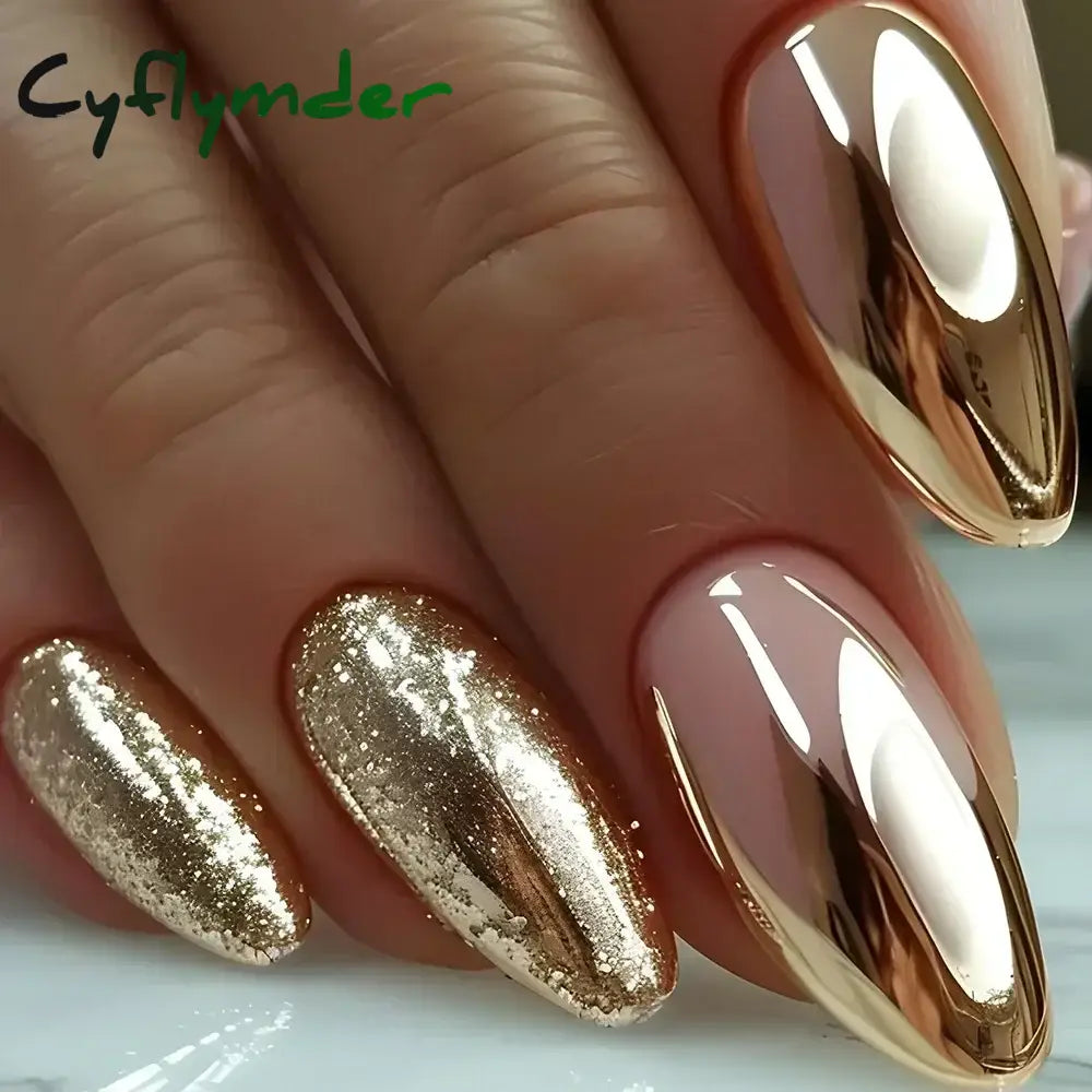 Cyflymder 24Pcs French Gold Edge Wearable Almond Press on Fake Nails Simple Pearl Decoration False Nails with Glue Full Over Manicure Tips