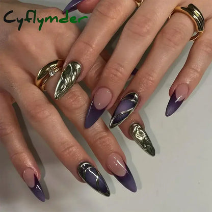 Cyflymder 24Pcs French Gold Edge Wearable Almond Press on Fake Nails Simple Pearl Decoration False Nails with Glue Full Over Manicure Tips