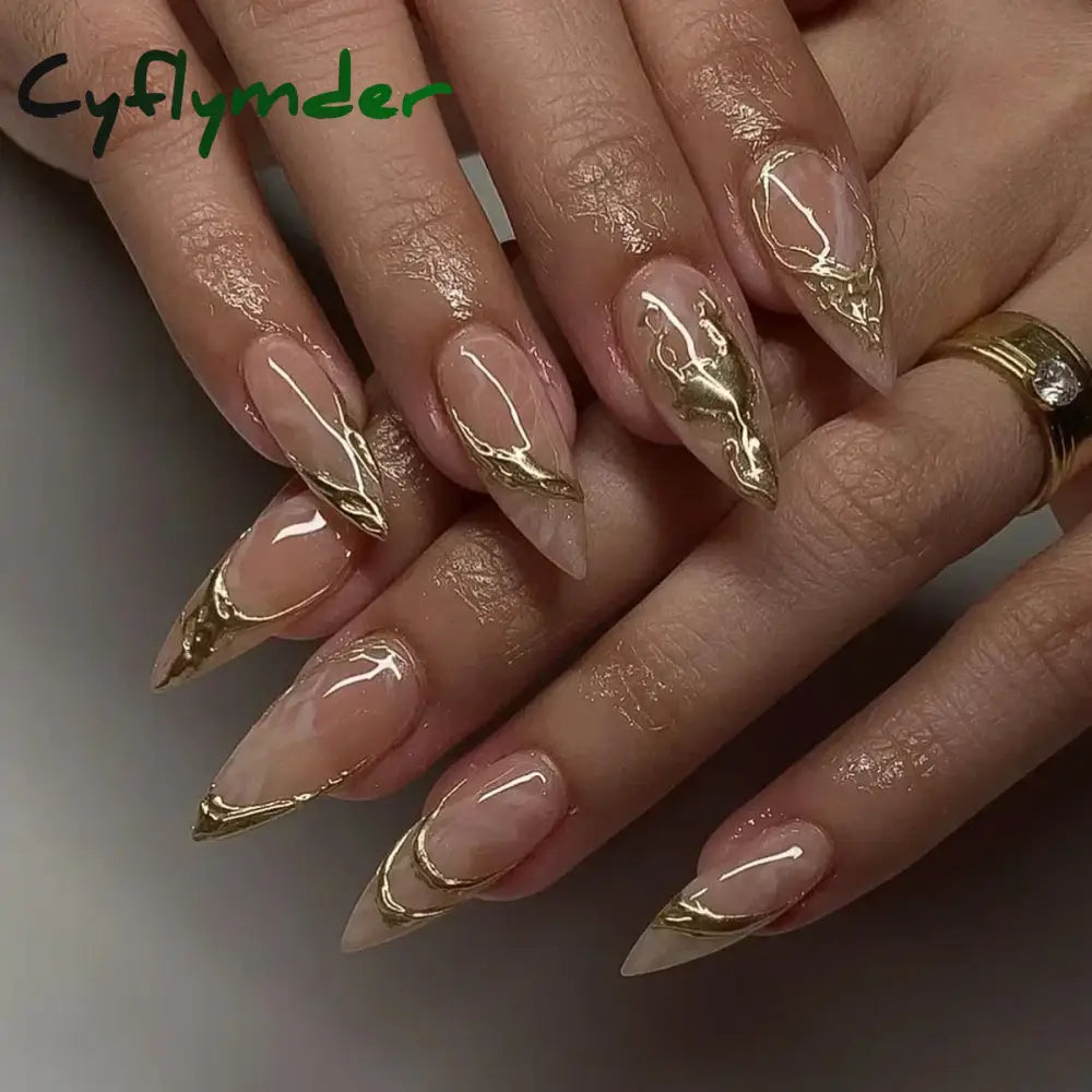 Cyflymder 24Pcs French Gold Edge Wearable Almond Press on Fake Nails Simple Pearl Decoration False Nails with Glue Full Over Manicure Tips