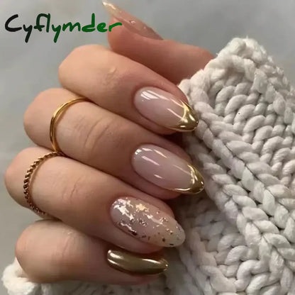 Cyflymder 24Pcs French Gold Edge Wearable Almond Press on Fake Nails Simple Pearl Decoration False Nails with Glue Full Over Manicure Tips