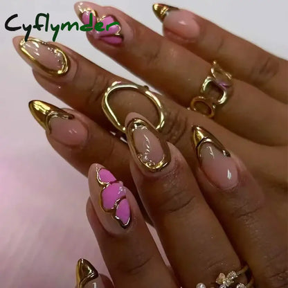 Cyflymder 24Pcs French Gold Edge Wearable Almond Press on Fake Nails Simple Pearl Decoration False Nails with Glue Full Over Manicure Tips