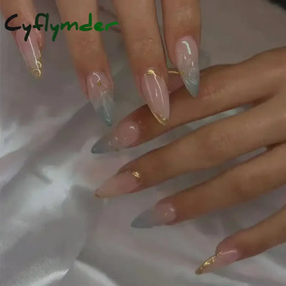 Cyflymder 24Pcs French Gold Edge Wearable Almond Press on Fake Nails Simple Pearl Decoration False Nails with Glue Full Over Manicure Tips