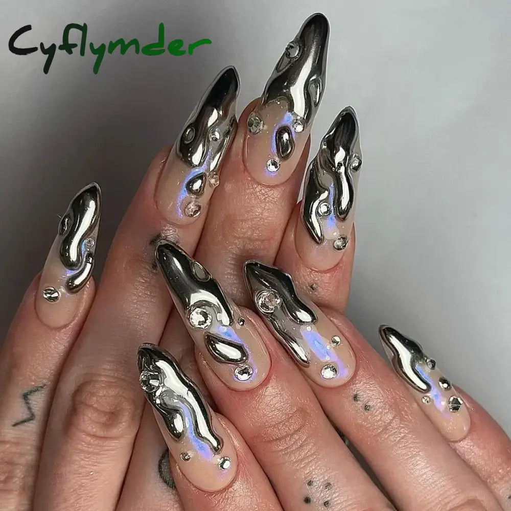 Cyflymder 24Pcs French Gold Edge Wearable Almond Press on Fake Nails Simple Pearl Decoration False Nails with Glue Full Over Manicure Tips