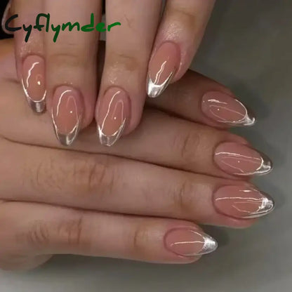 Cyflymder 24Pcs French Gold Edge Wearable Almond Press on Fake Nails Simple Pearl Decoration False Nails with Glue Full Over Manicure Tips