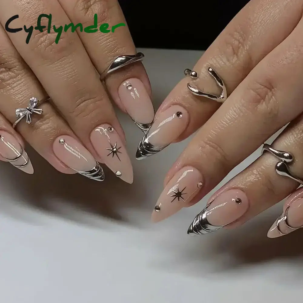 Cyflymder 24Pcs French Gold Edge Wearable Almond Press on Fake Nails Simple Pearl Decoration False Nails with Glue Full Over Manicure Tips