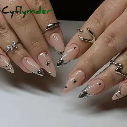 Cyflymder 24Pcs French Gold Edge Wearable Almond Press on Fake Nails Simple Pearl Decoration False Nails with Glue Full Over Manicure Tips