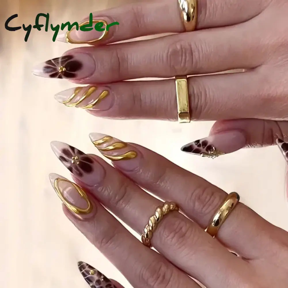 Cyflymder 24Pcs French Gold Edge Wearable Almond Press on Fake Nails Simple Pearl Decoration False Nails with Glue Full Over Manicure Tips