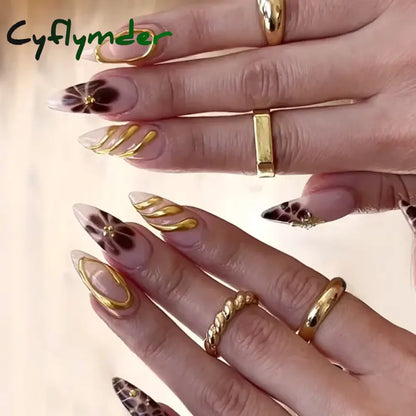 Cyflymder 24Pcs French Gold Edge Wearable Almond Press on Fake Nails Simple Pearl Decoration False Nails with Glue Full Over Manicure Tips