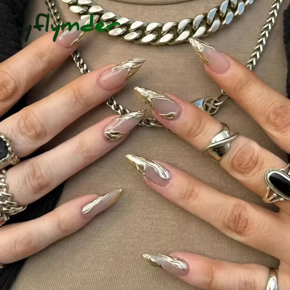 Cyflymder 24Pcs French Gold Edge Wearable Almond Press on Fake Nails Simple Pearl Decoration False Nails with Glue Full Over Manicure Tips