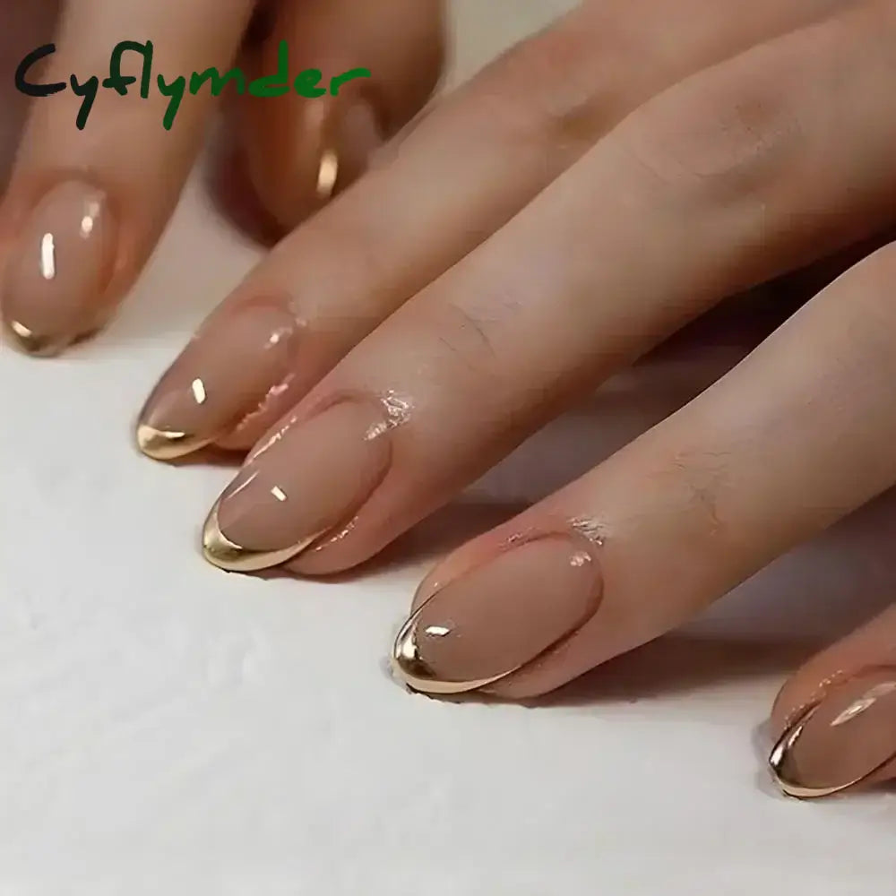 Cyflymder 24Pcs French Gold Edge Wearable Almond Press on Fake Nails Simple Pearl Decoration False Nails with Glue Full Over Manicure Tips