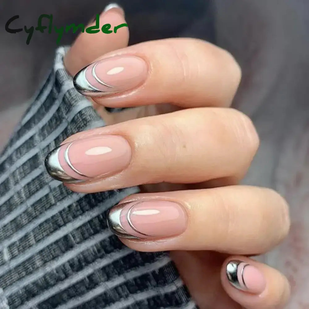 Cyflymder 24Pcs French Gold Edge Wearable Almond Press on Fake Nails Simple Pearl Decoration False Nails with Glue Full Over Manicure Tips