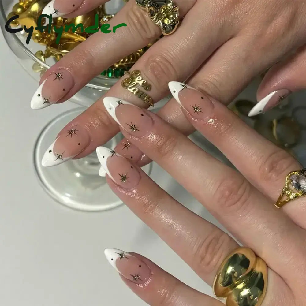 Cyflymder 24Pcs French Gold Edge Wearable Almond Press on Fake Nails Simple Pearl Decoration False Nails with Glue Full Over Manicure Tips