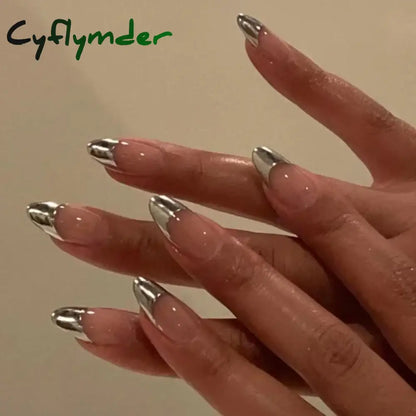 Cyflymder 24Pcs French Gold Edge Wearable Almond Press on Fake Nails Simple Pearl Decoration False Nails with Glue Full Over Manicure Tips