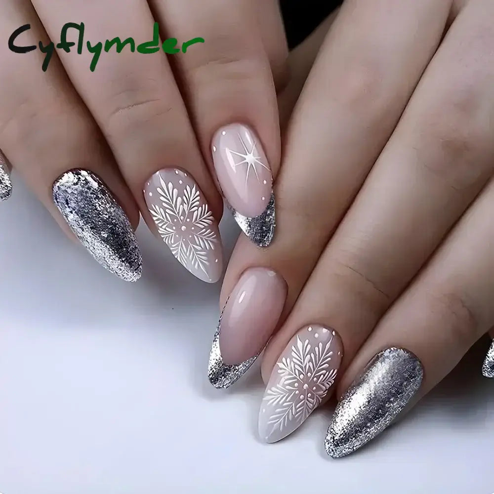 Cyflymder 24Pcs French Gold Edge Wearable Almond Press on Fake Nails Simple Pearl Decoration False Nails with Glue Full Over Manicure Tips