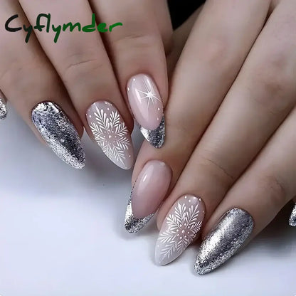 Cyflymder 24Pcs French Gold Edge Wearable Almond Press on Fake Nails Simple Pearl Decoration False Nails with Glue Full Over Manicure Tips