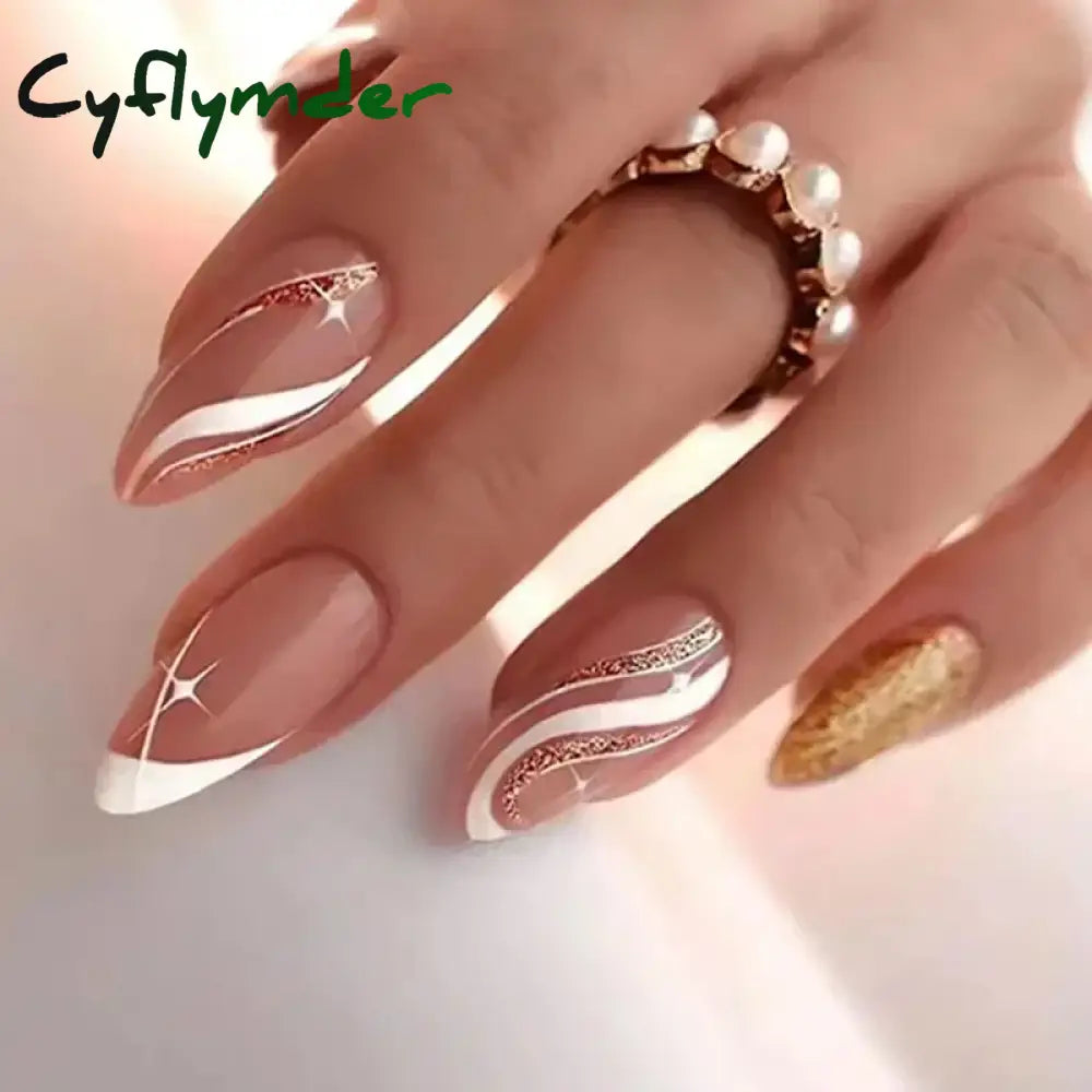 Cyflymder 24Pcs French Gold Edge Wearable Almond Press on Fake Nails Simple Pearl Decoration False Nails with Glue Full Over Manicure Tips