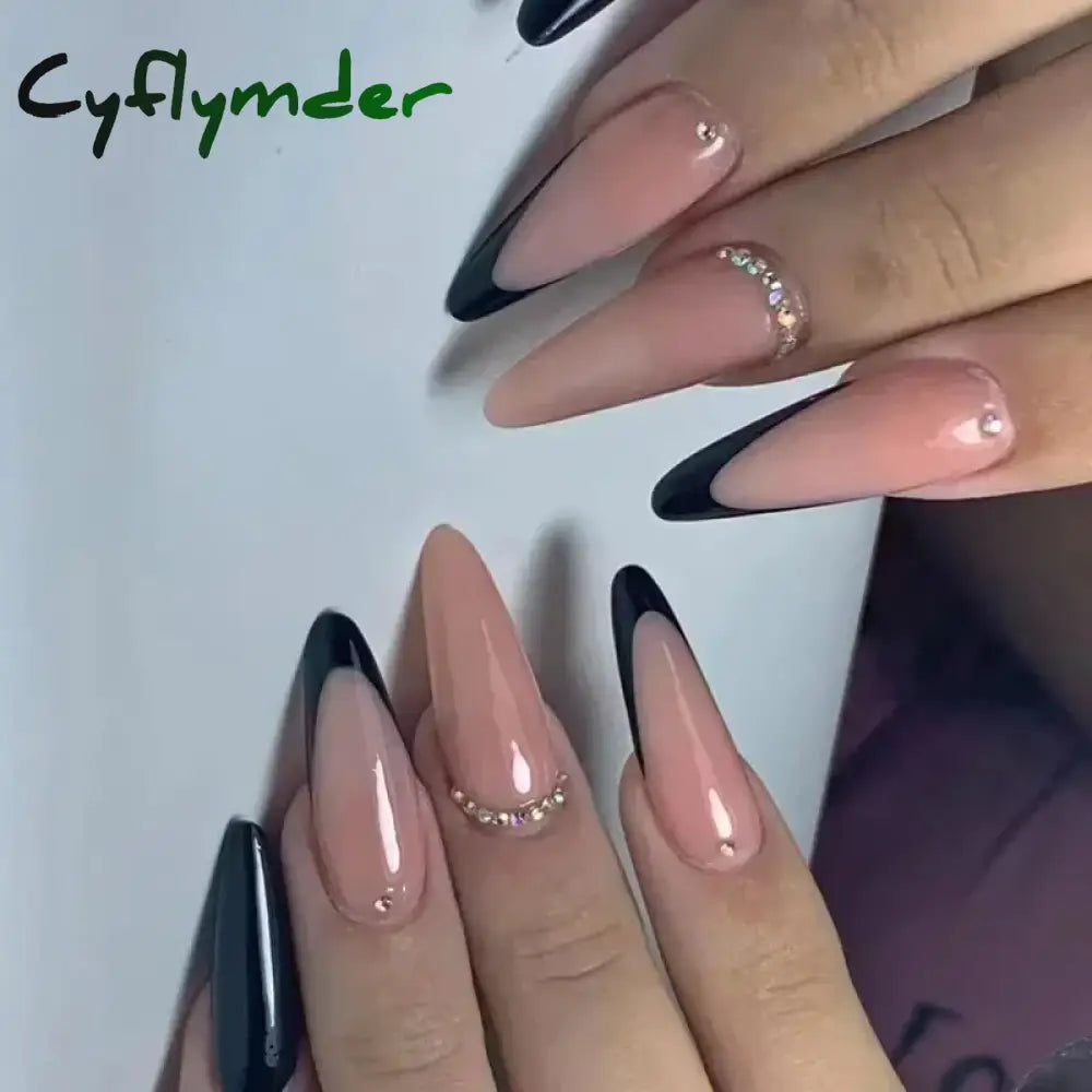 Cyflymder 24Pcs French Gold Edge Wearable Almond Press on Fake Nails Simple Pearl Decoration False Nails with Glue Full Over Manicure Tips