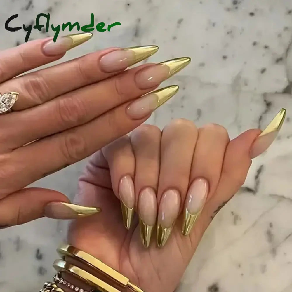 Cyflymder 24Pcs French Gold Edge Wearable Almond Press on Fake Nails Simple Pearl Decoration False Nails with Glue Full Over Manicure Tips