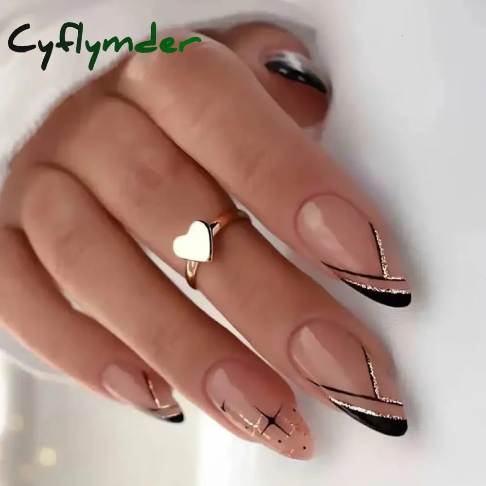 Cyflymder 24Pcs French Gold Edge Wearable Almond Press on Fake Nails Simple Pearl Decoration False Nails with Glue Full Over Manicure Tips