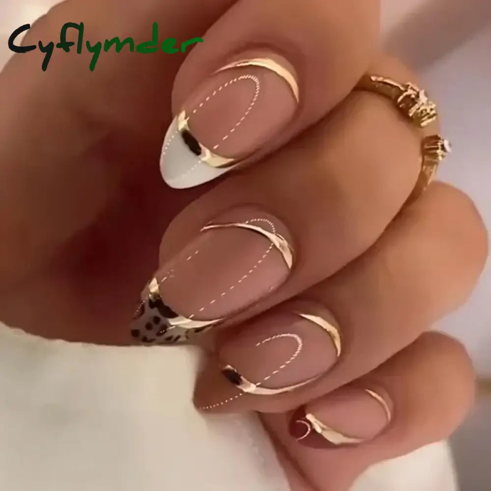 Cyflymder 24Pcs French Gold Edge Wearable Almond Press on Fake Nails Simple Pearl Decoration False Nails with Glue Full Over Manicure Tips
