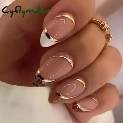 Cyflymder 24Pcs French Gold Edge Wearable Almond Press on Fake Nails Simple Pearl Decoration False Nails with Glue Full Over Manicure Tips