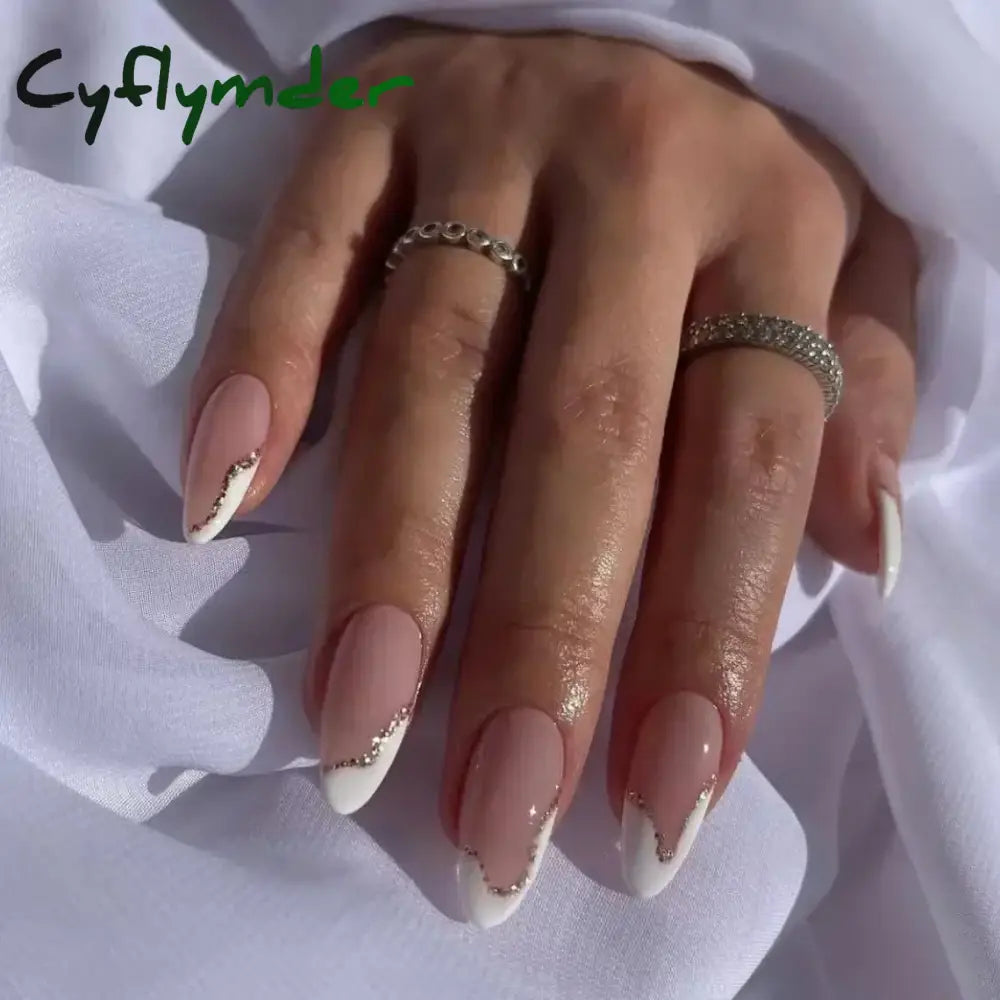 Cyflymder 24Pcs French Gold Edge Wearable Almond Press on Fake Nails Simple Pearl Decoration False Nails with Glue Full Over Manicure Tips