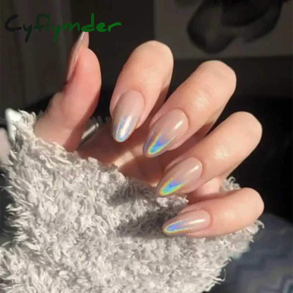 Cyflymder 24Pcs French Gold Edge Wearable Almond Press on Fake Nails Simple Pearl Decoration False Nails with Glue Full Over Manicure Tips