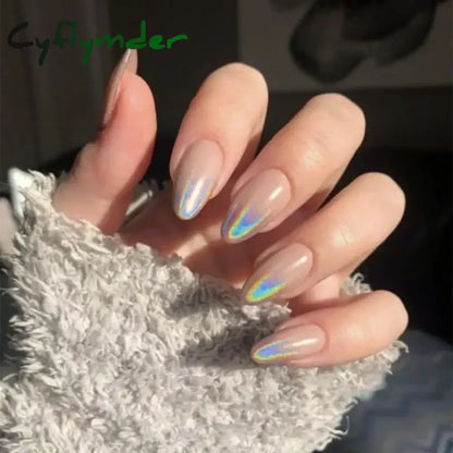 Cyflymder 24Pcs French Gold Edge Wearable Almond Press on Fake Nails Simple Pearl Decoration False Nails with Glue Full Over Manicure Tips