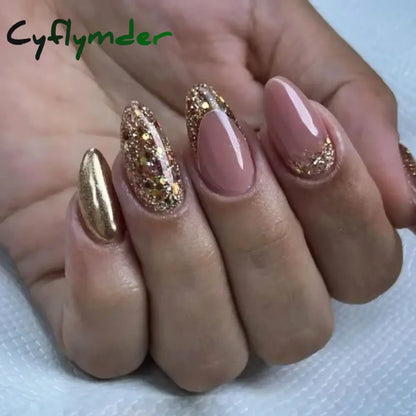 Cyflymder 24Pcs French Gold Edge Wearable Almond Press on Fake Nails Simple Pearl Decoration False Nails with Glue Full Over Manicure Tips