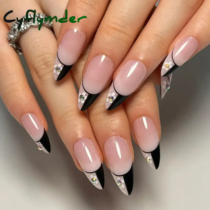 Cyflymder 24Pcs French Gold Edge Wearable Almond Press on Fake Nails Simple Pearl Decoration False Nails with Glue Full Over Manicure Tips