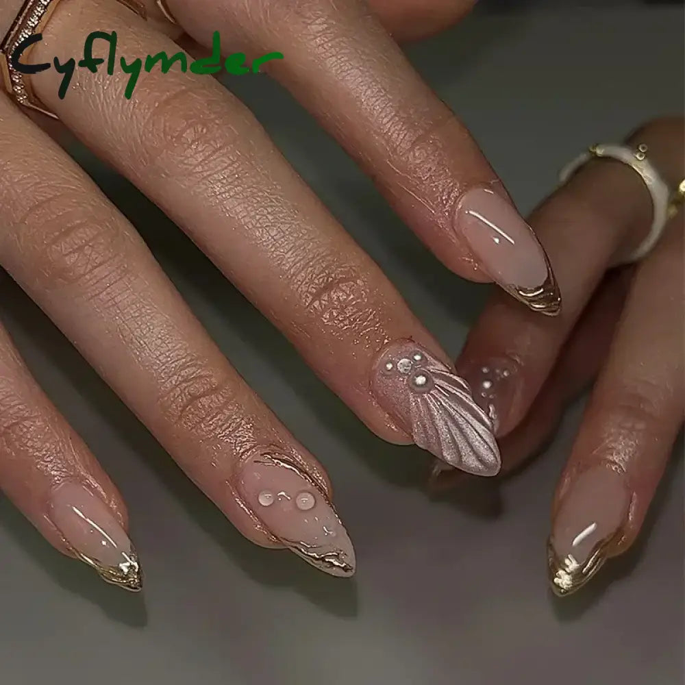 Cyflymder 24Pcs French Gold Edge Wearable Almond Press on Fake Nails Simple Pearl Decoration False Nails with Glue Full Over Manicure Tips