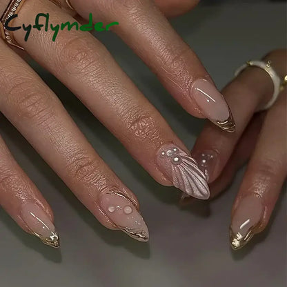 Cyflymder 24Pcs French Gold Edge Wearable Almond Press on Fake Nails Simple Pearl Decoration False Nails with Glue Full Over Manicure Tips