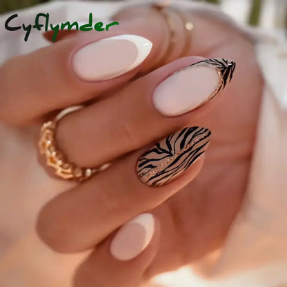 Cyflymder 24Pcs French Gold Edge Wearable Almond Press on Fake Nails Simple Pearl Decoration False Nails with Glue Full Over Manicure Tips