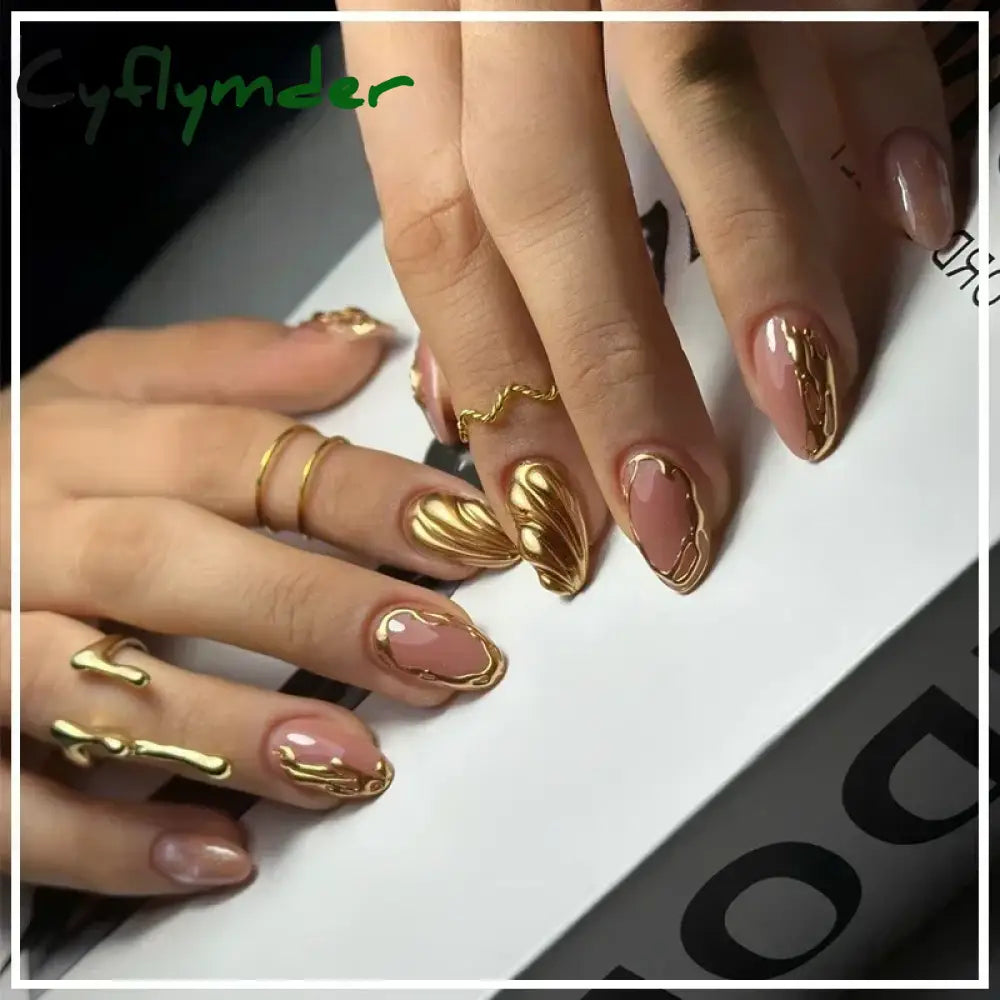 Cyflymder 24Pcs French Gold Edge Wearable Almond Press on Fake Nails Simple Pearl Decoration False Nails with Glue Full Over Manicure Tips