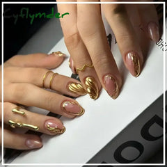 Cyflymder 24Pcs French Gold Edge Wearable Almond Press on Fake Nails Simple Pearl Decoration False Nails with Glue Full Over Manicure Tips