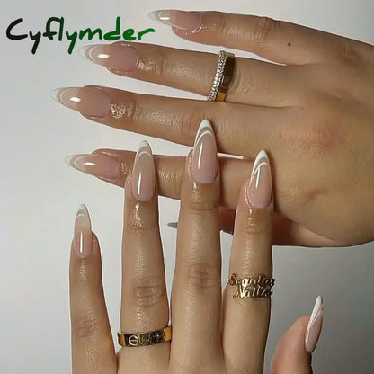 Cyflymder 24Pcs French Gold Edge Wearable Almond Press on Fake Nails Simple Pearl Decoration False Nails with Glue Full Over Manicure Tips