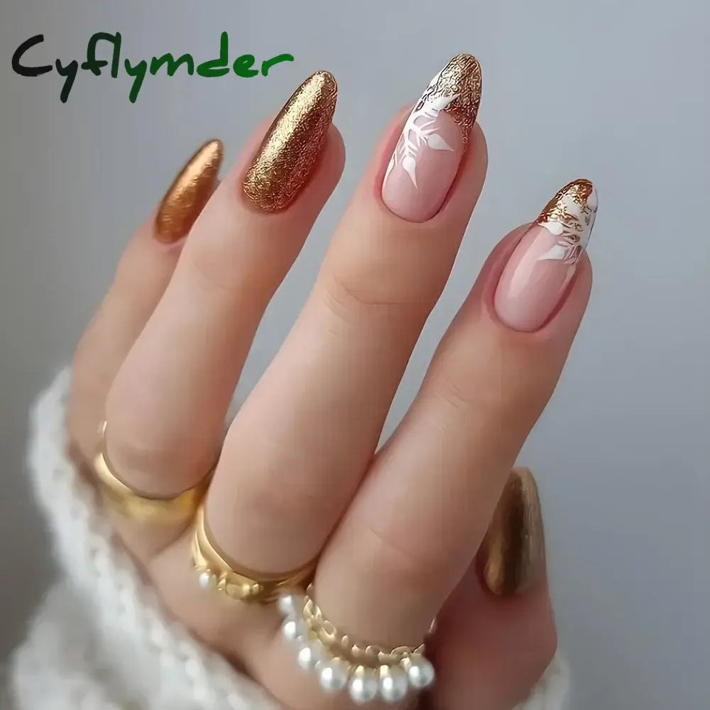 Cyflymder 24Pcs French Gold Edge Wearable Almond Press on Fake Nails Simple Pearl Decoration False Nails with Glue Full Over Manicure Tips