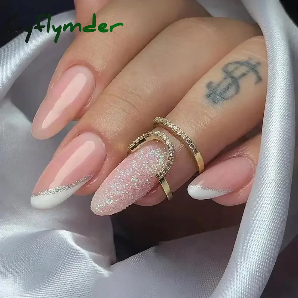 Cyflymder 24Pcs French Gold Edge Wearable Almond Press on Fake Nails Simple Pearl Decoration False Nails with Glue Full Over Manicure Tips