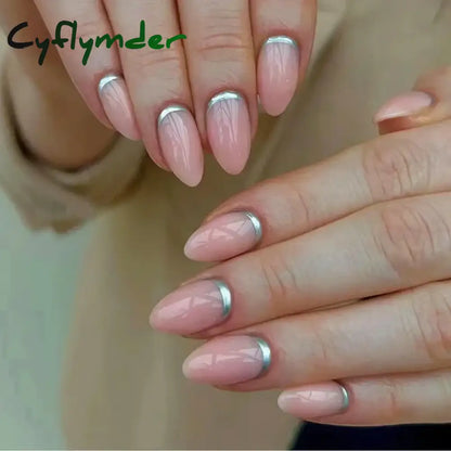 Cyflymder 24Pcs French Gold Edge Wearable Almond Press on Fake Nails Simple Pearl Decoration False Nails with Glue Full Over Manicure Tips