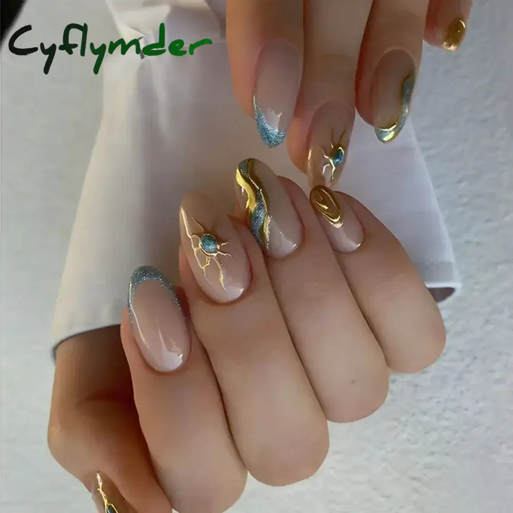 Cyflymder 24Pcs French Gold Edge Wearable Almond Press on Fake Nails Simple Pearl Decoration False Nails with Glue Full Over Manicure Tips