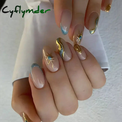 Cyflymder 24Pcs French Gold Edge Wearable Almond Press on Fake Nails Simple Pearl Decoration False Nails with Glue Full Over Manicure Tips