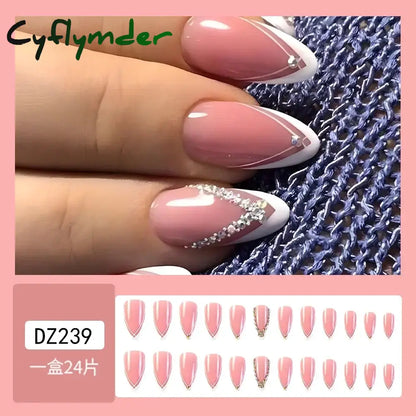 Cyflymder 24Pcs French Gold Edge Wearable Almond Press on Fake Nails Simple Pearl Decoration False Nails with Glue Full Over Manicure Tips