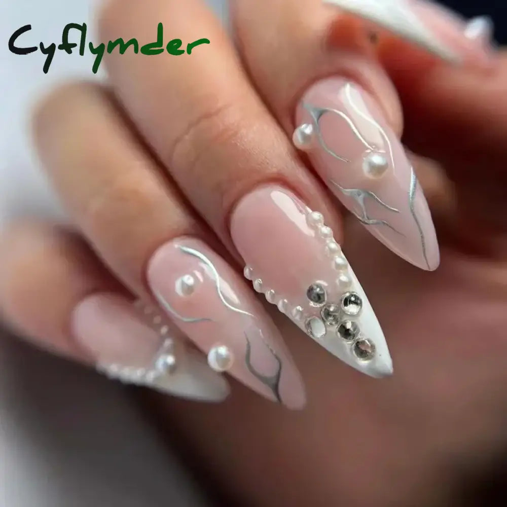 Cyflymder 24Pcs French Gold Edge Wearable Almond Press on Fake Nails Simple Pearl Decoration False Nails with Glue Full Over Manicure Tips