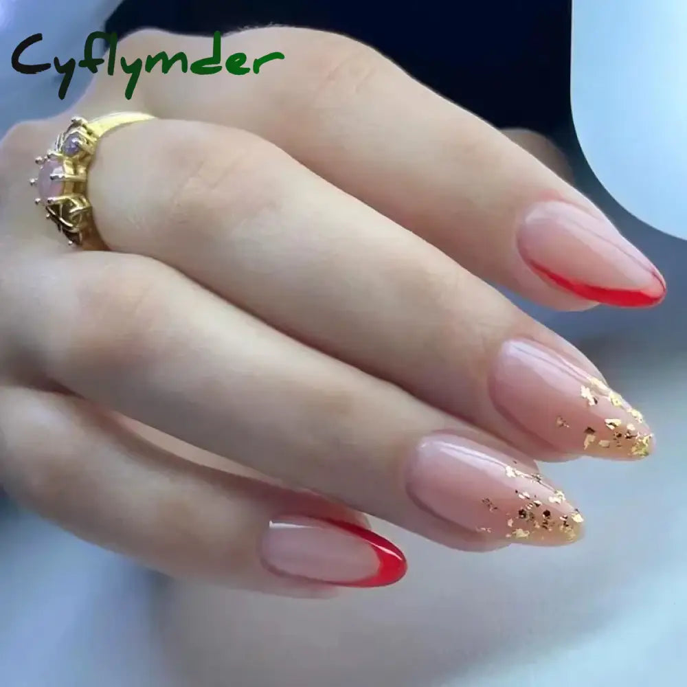 Cyflymder 24Pcs French Gold Edge Wearable Almond Press on Fake Nails Simple Pearl Decoration False Nails with Glue Full Over Manicure Tips