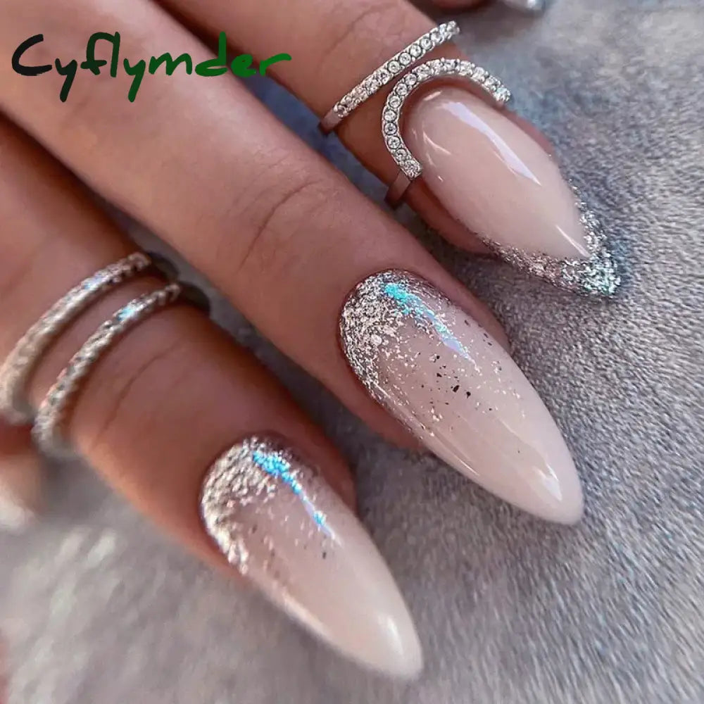 Cyflymder 24Pcs French Gold Edge Wearable Almond Press on Fake Nails Simple Pearl Decoration False Nails with Glue Full Over Manicure Tips