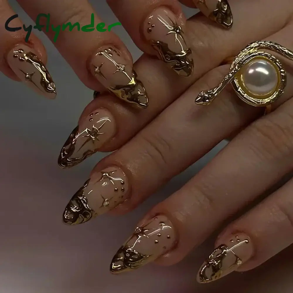 Cyflymder 24Pcs French Gold Edge Wearable Almond Press on Fake Nails Simple Pearl Decoration False Nails with Glue Full Over Manicure Tips